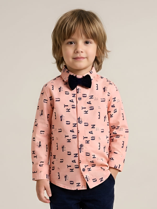 Polka Tots Full Sleeve Lycra Shirt Alphabet Print with Bow Tie Peach