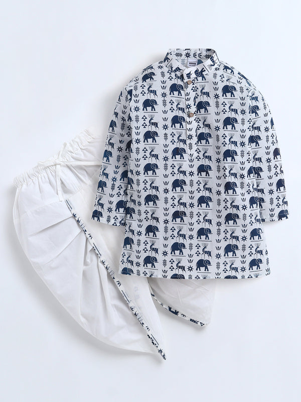Polka Tots Full Sleeve Varli Print Kurta Dhoti- Navy Blue