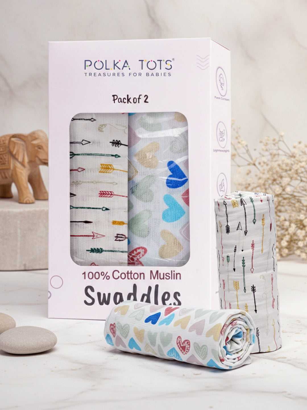 Polka Tots 100% Cotton Muslin Swaddles packaging with swaddles on a light background