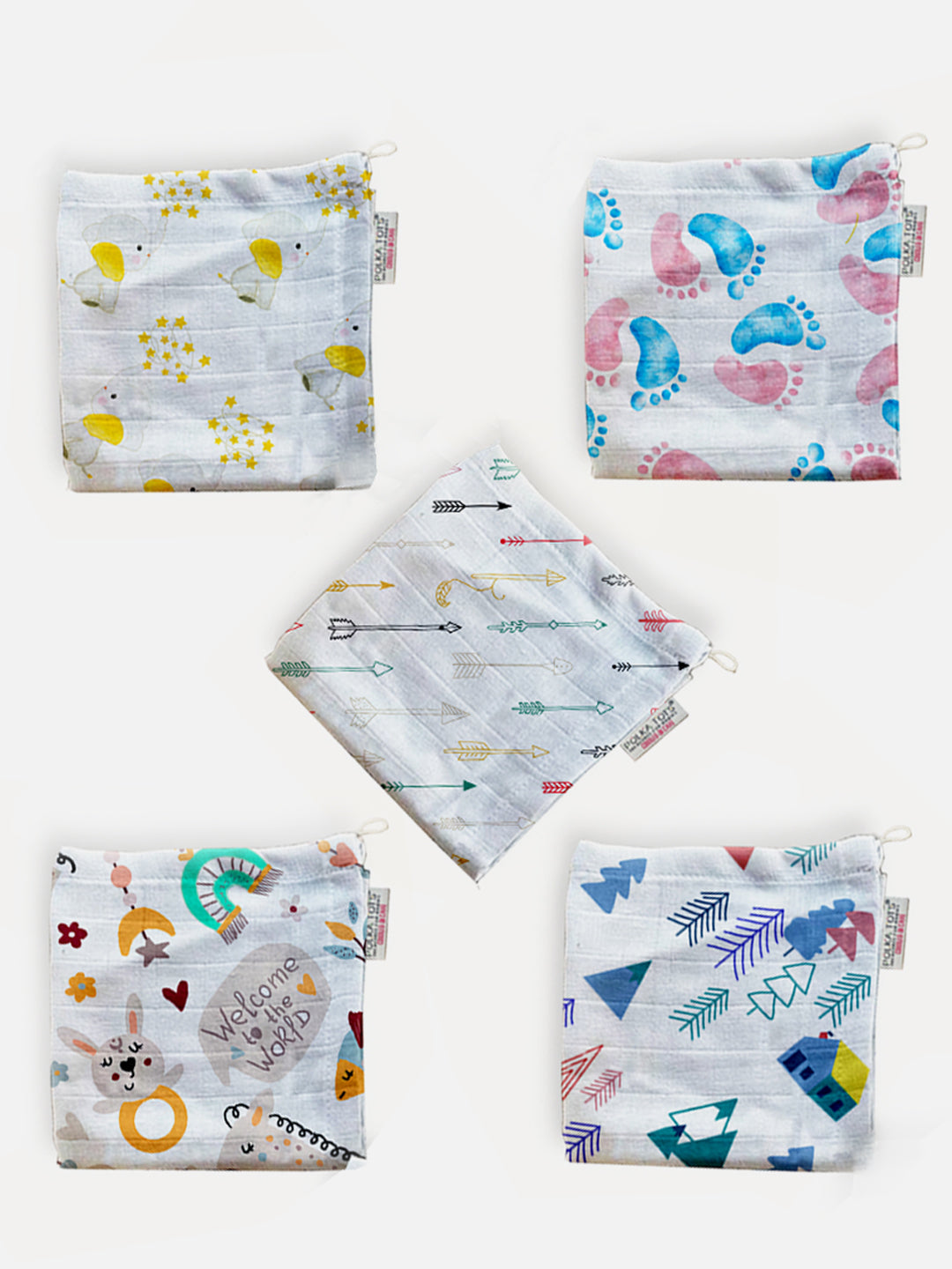 Set of five fabric bags with various patterns on a white background