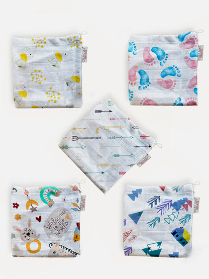 Set of five fabric bags with various patterns on a white background