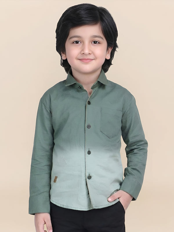 Polka Tots Full Sleeves Cotton Ombre Effect Shirt - Green