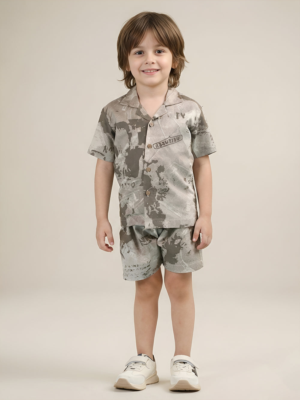 Polka Tots Half Sleeves Brush print Co-ords - Brown