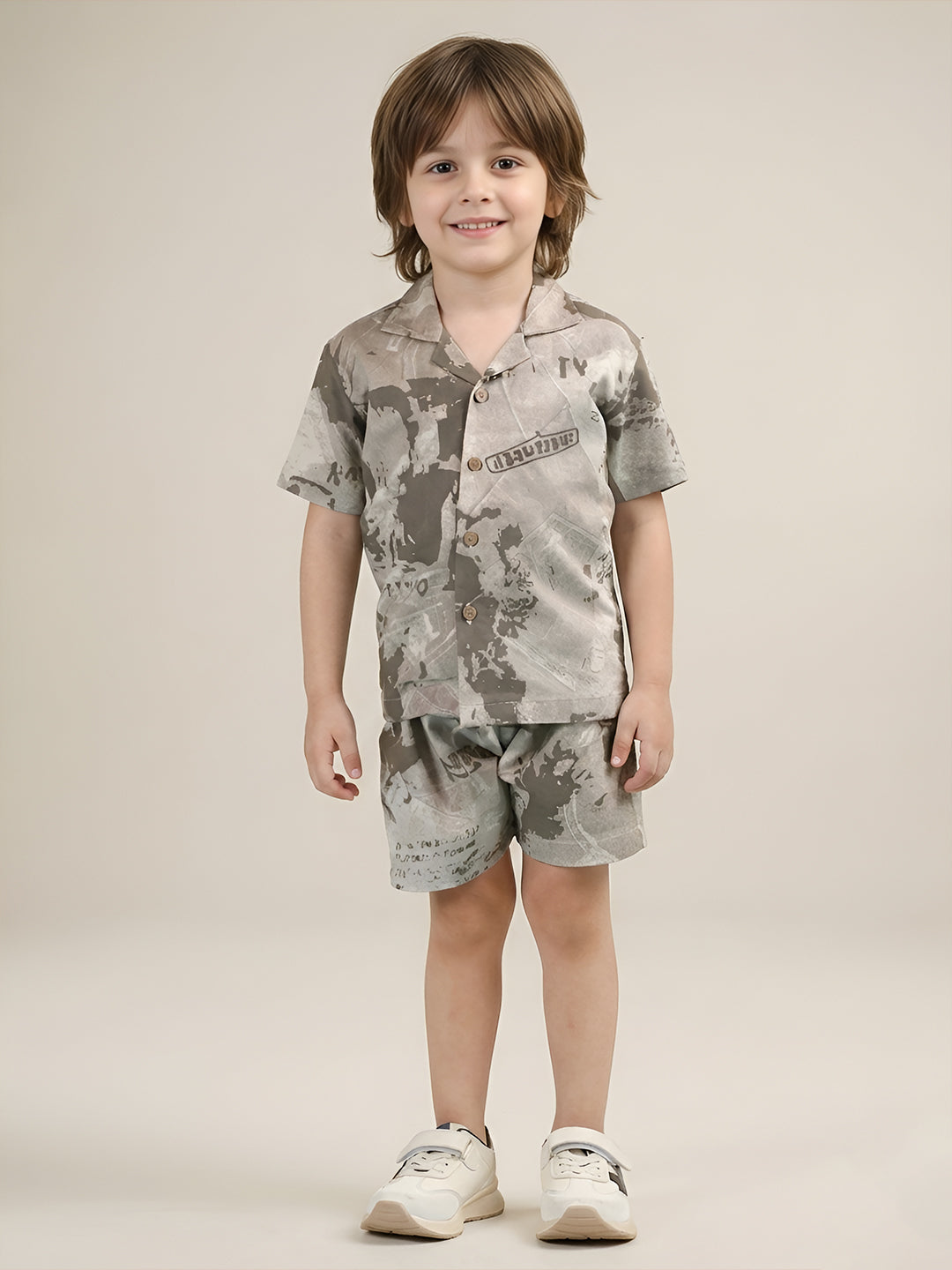 Polka Tots Half Sleeves Brush print Co-ords - Brown