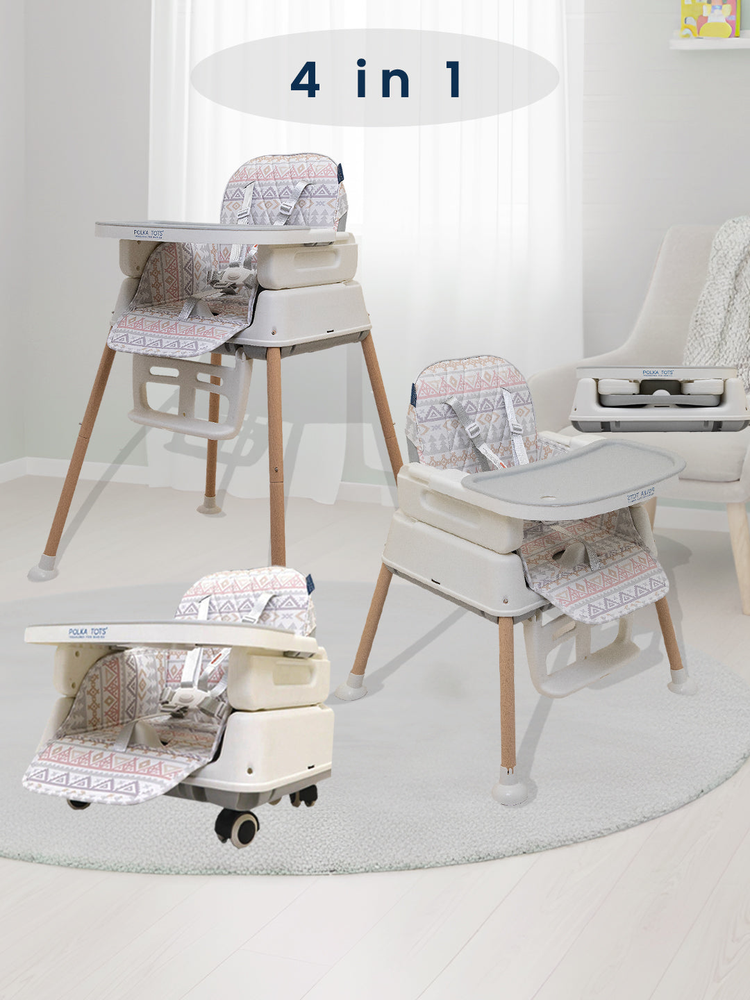 4-in-1 high chair with various attachments on a white background