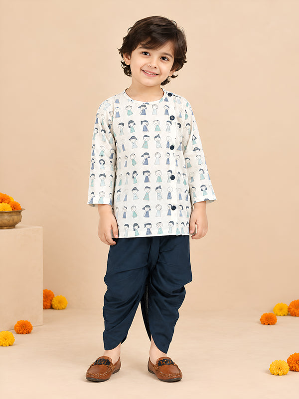Polka Tots Cotton Full Sleeve Cartoon Print Angrakha Top With Dhoti - Navy