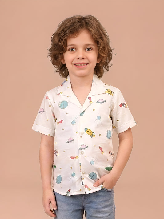 Polka Tots Half Sleeves Space print Shirt - White