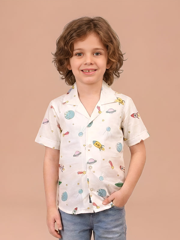 Polka Tots Half Sleeves Space print Shirt - White