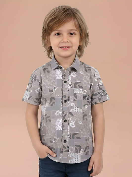 Polka Tots Cotton Regular Fit Half Sleeve Leaf Printed Kids Shirt - Grey