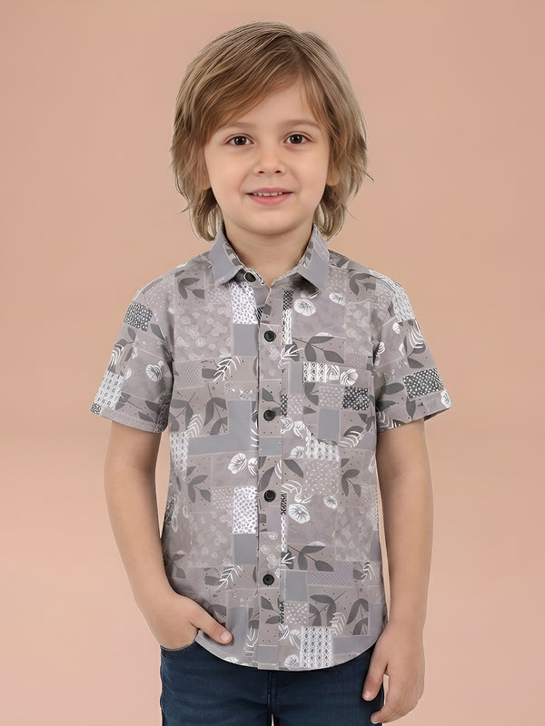 Polka Tots Cotton Regular Fit Half Sleeve Leaf Printed Kids Shirt - Grey