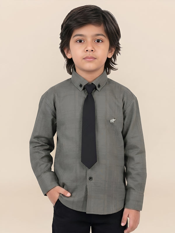 Polka Tots Full Sleeves  Cotton self textured Shirt with Tie - Green