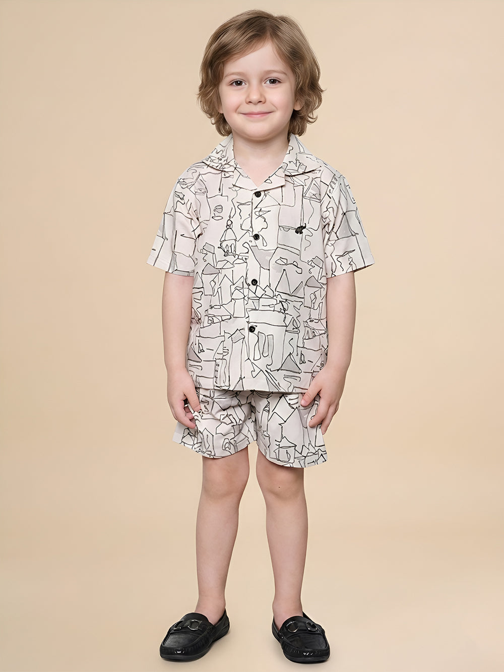 Polka Tots Half Sleeves Abstract print co-ord set - Cream