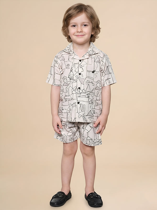 Polka Tots Half Sleeves Abstract print co-ord set - Cream