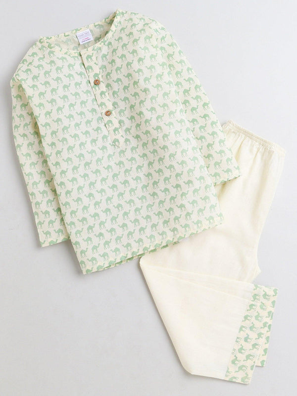 Polka Tots Camel print Full sleeves Nightwear Kurta pyjama set - Green