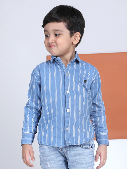 Polka Tots Full Sleeves Cotton Striped Shirt - Blue
