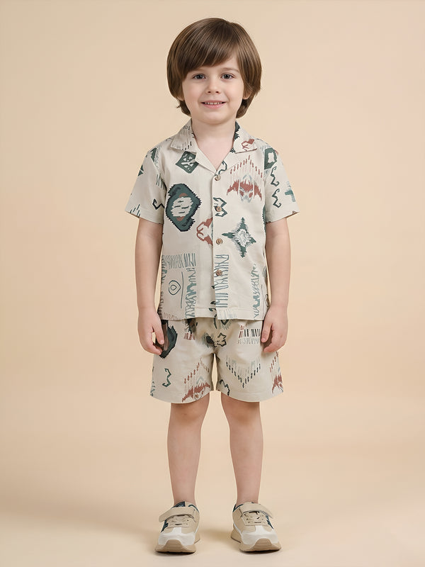 Polka Tots Half Sleeves Abstract print Co-ords - Cream