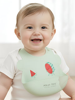 Polka Tots Waterproof Silicone Bibs with Pocket and Adjustable Snaps (Watermelon)
