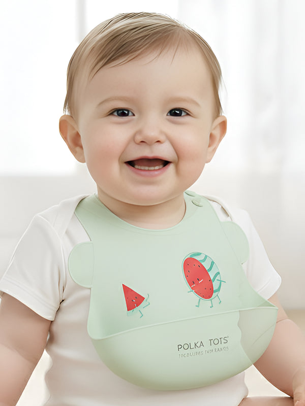 Polka Tots Waterproof Silicone Bibs with Pocket and Adjustable Snaps (Watermelon)