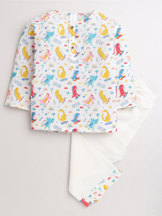 Polka Tots Dinosaur print Full Sleeves Nightwear Kurta pyjama set - White
