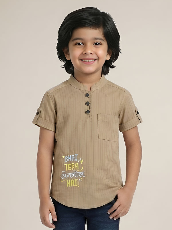 Polka Tots Half Sleeve Striped Kurta with Hindi Graphic - Tan