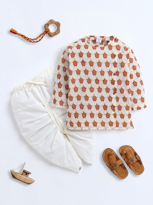 Polka Tots Turtle Print Angrakha Top With Dhoti - Multicolour