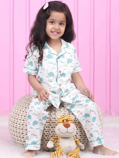 Polka Tots Half Sleeve Elephant print Night Suit -  White