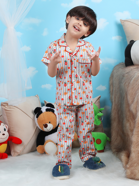 Polka Tots Half sleeves Stripes Fruit print Night Suit - Multicolor