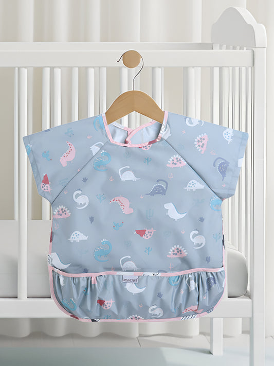 POLKA TOTS Half Sleeve Baby Bibs for Toddlers Feeding Apron with Pocket Washable/Reusable Baby Drooling Apron (Dino Design)