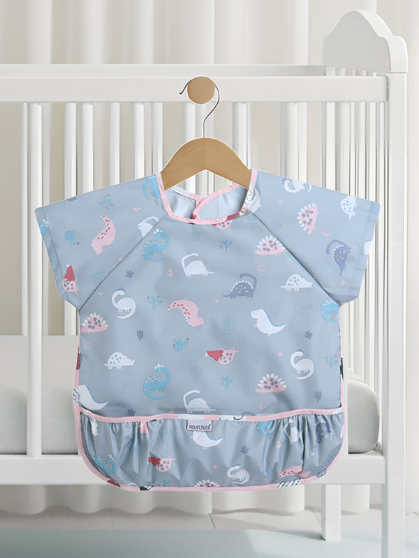 POLKA TOTS Half Sleeve Baby Bibs for Toddlers Feeding Apron with Pocket Washable/Reusable Baby Drooling Apron (Dino Design)