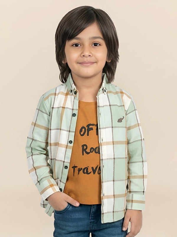 Polka Tots Full Sleeves Off Road Traveller Checks print Tshirt shirt - Green