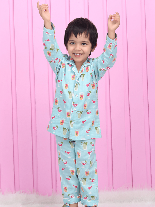 Polka Tots Full sleeves Juice print Night Suit - Blue