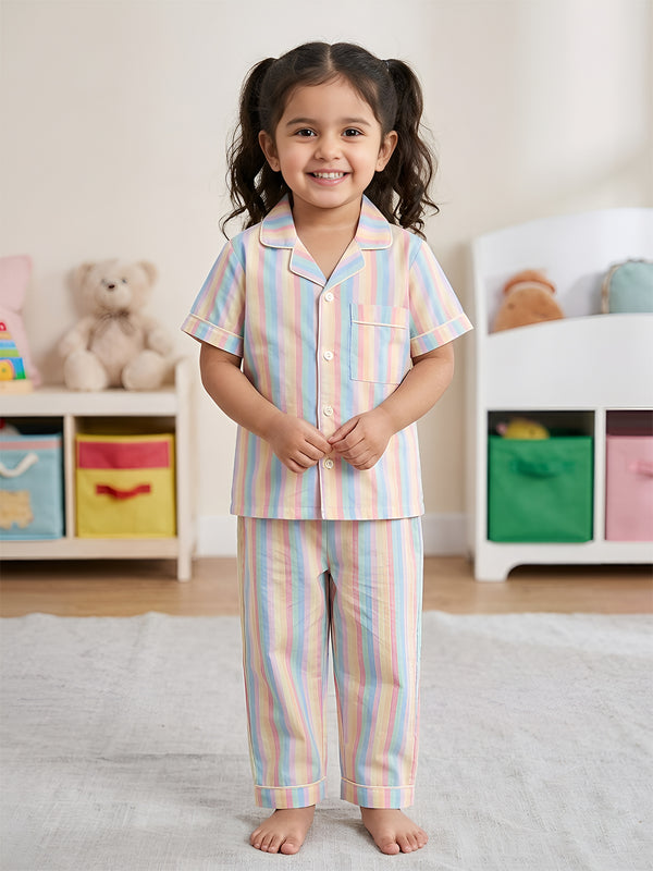 Polka Tots Half sleeves Stripes print Night Suit - Yellow/Blue