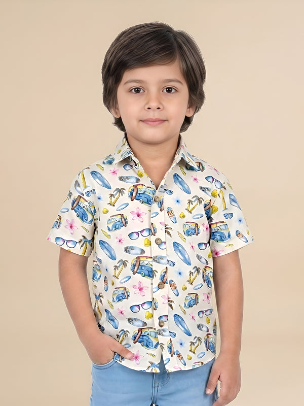 Polka Tots Half Sleeves Shirt Beach Print - Cream and Blue