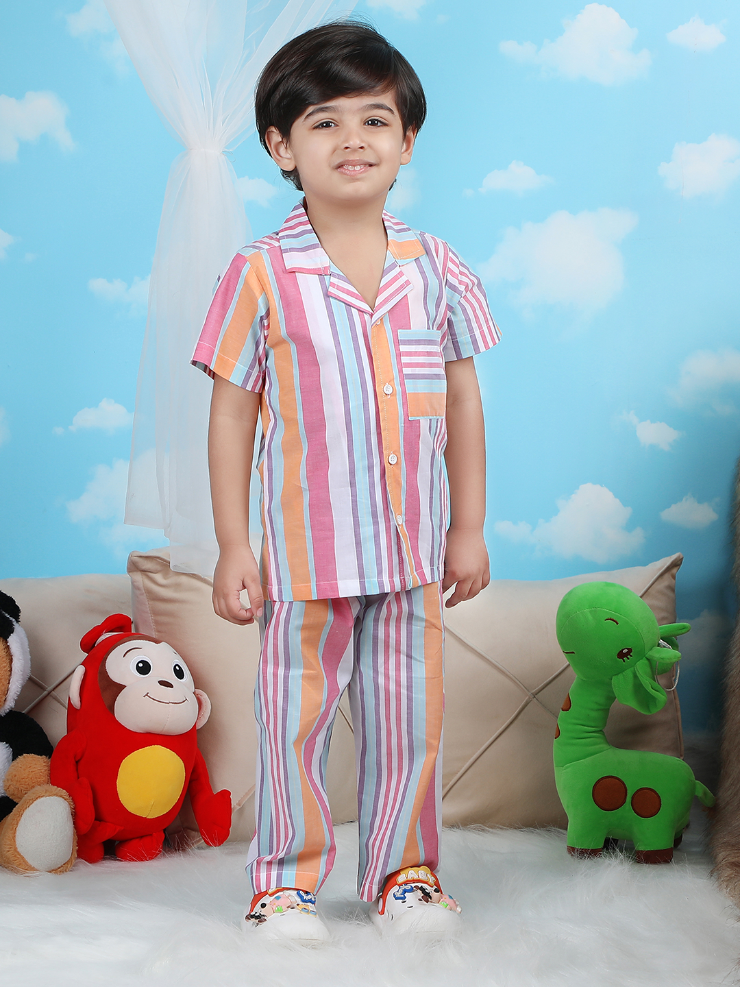 Polka Tots Half sleeves Stripes print Night Suit - Pink/Orange