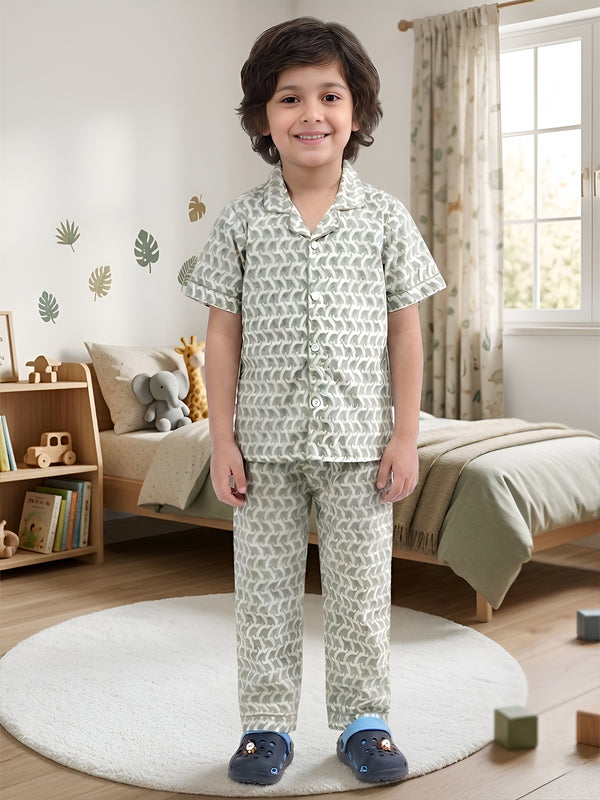 Polka Tots Half sleeves Elephant print Night Suit - Green