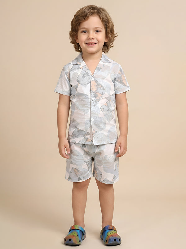 Polka Tots Cotton Half Sleeves Shirt With Shorts/Co-ord - White