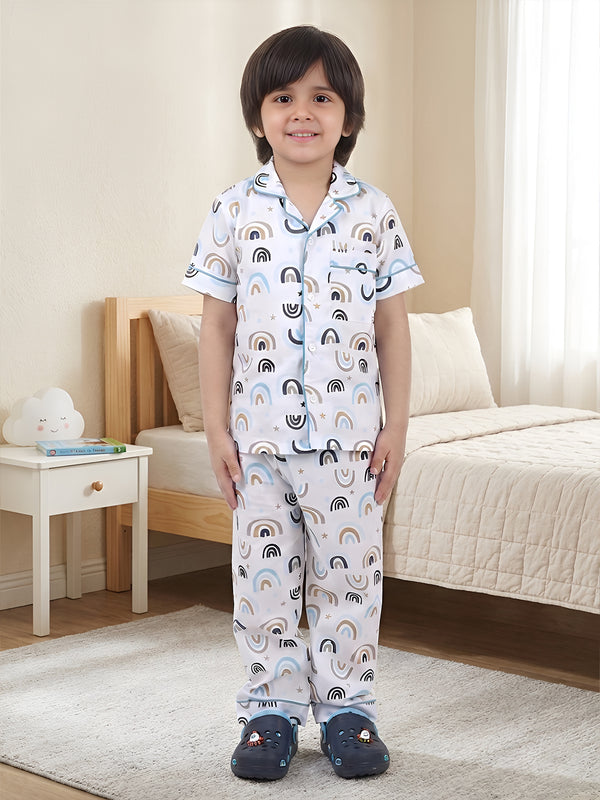 Polka Tots Half sleeves Rainbow print Night Suit - White