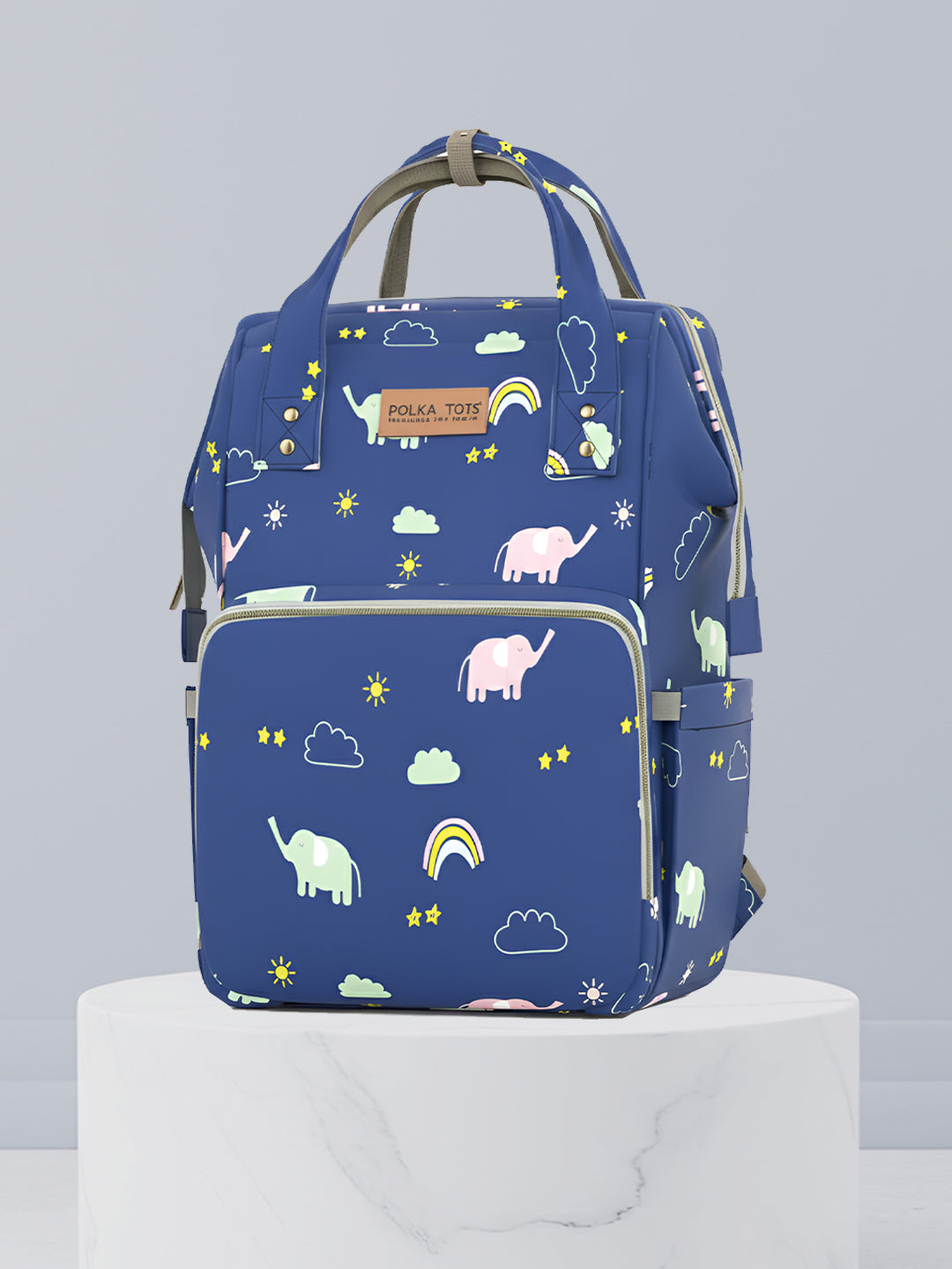 Blue backpack with animal pattern on a gray background