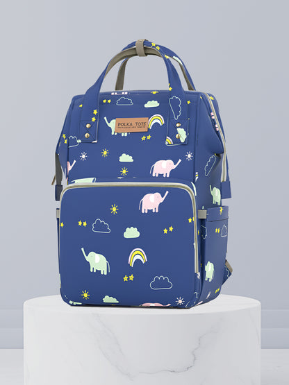 Blue backpack with animal pattern on a gray background