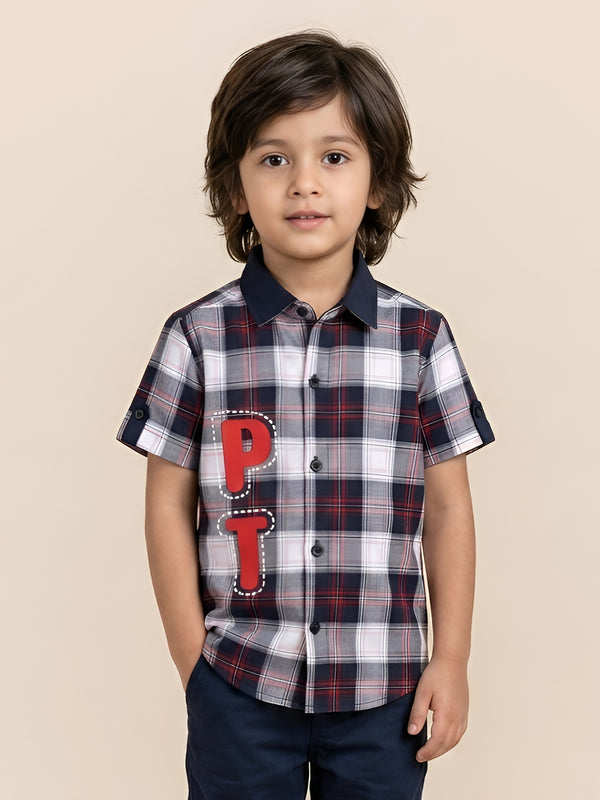 Polka Tots Half Sleeve Checks Kids Shirt PT Rubber Print - Black