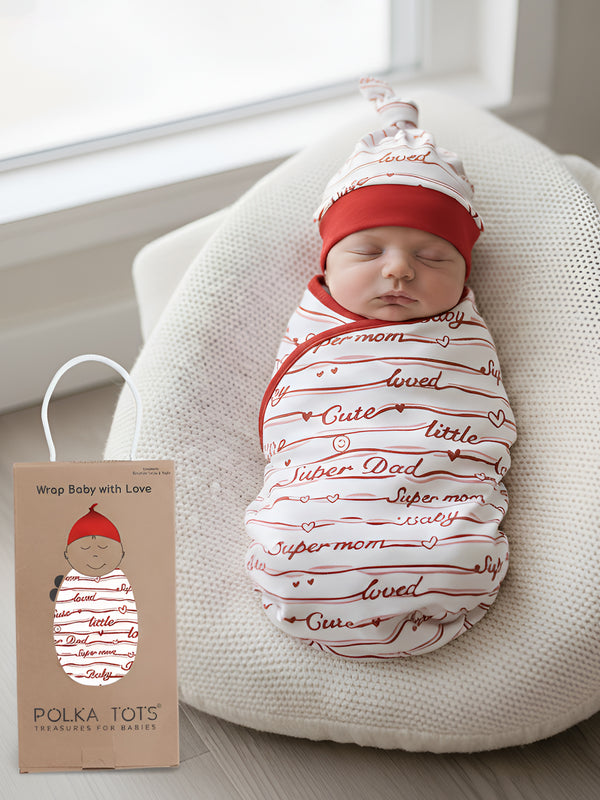 Polka Tots Love Print Swaddle wrap with Cap - Red