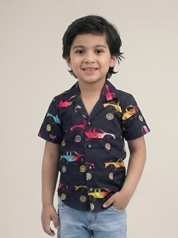 Polka Tots Half Sleeves Jeep print Shirt - Black