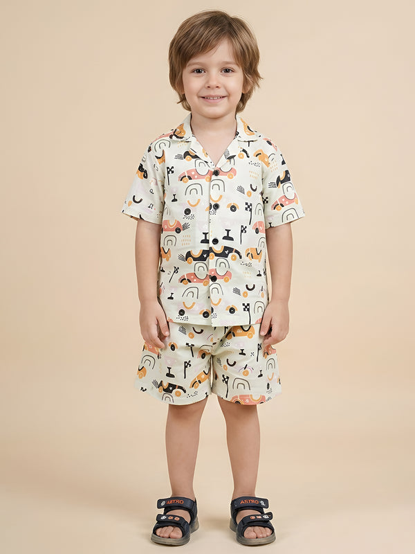Polka Tots Half Sleeves Racing car print Shirt Shorts - Light Green
