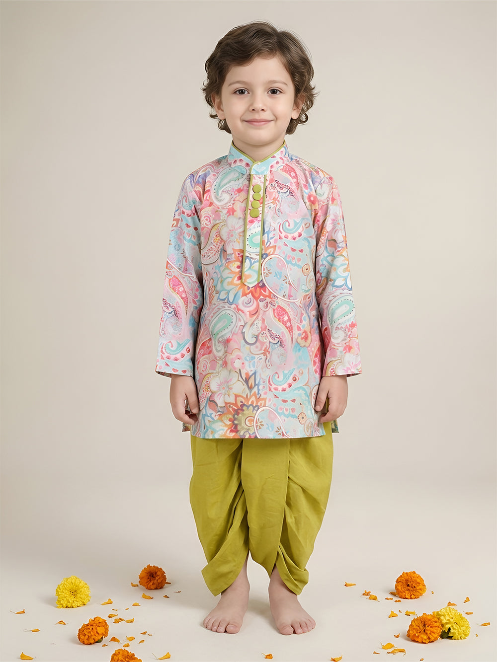 Polka Tots Full Sleeve Ethnic Print Kurta with Dhoti Set - Green