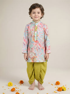 Polka Tots Full Sleeve Ethnic Print Kurta with Dhoti Set - Green