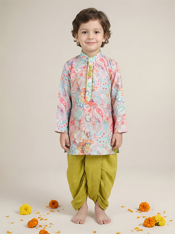 Polka Tots Full Sleeve Ethnic Print Kurta with Dhoti Set - Green