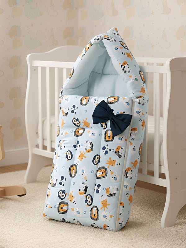 Polka Tots Baby Sleeping Nest Cotton Carry Pod Bedding for Newborn Sleeping Bag with a Bow - Lion print Blue