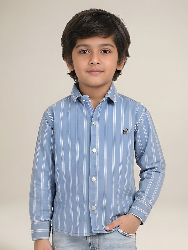 Polka Tots Full Sleeves Cotton Striped Shirt - Blue