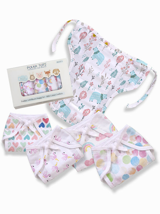Polka Tots Newborn Pack of 5 100% Soft Muslin Cotton Nappy/Langot Set
