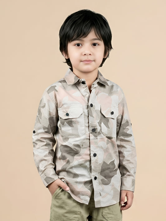 Polka Tots Full sleeve camouflage shirt - Grey and Pink
